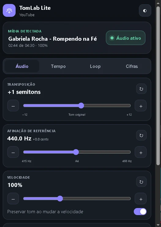 Tela de áudio do TomLab com transposição, afinação e velocidade