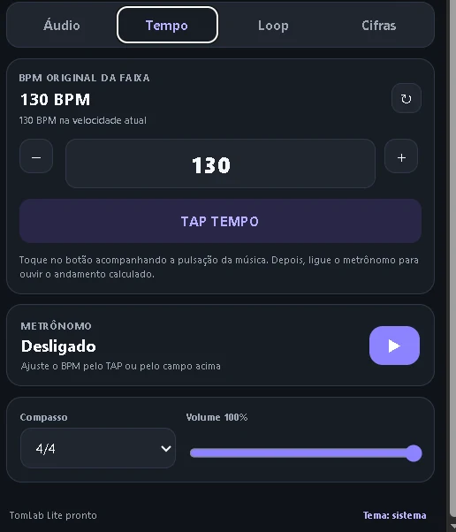 Tela de metrônomo e TAP Tempo
